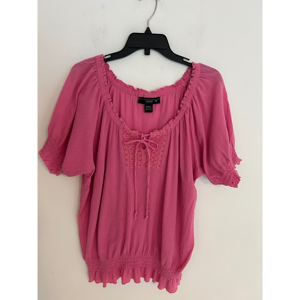 Venezia Womens Pink Cotton Gauze Peasant‎ Top Crochet Lace Smocked Blouse 18/20W